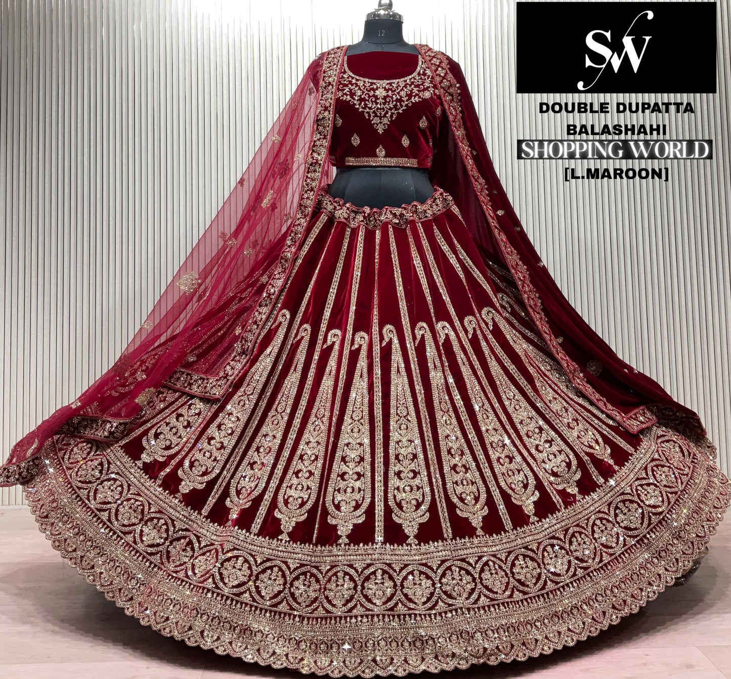 Dark Maroon Double Dupatta peacock Bridal Lehenga