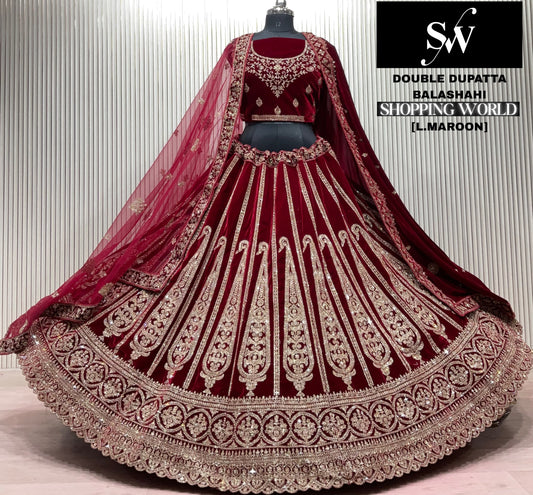 Wine Double Dupatta peacock Bridal Lehenga