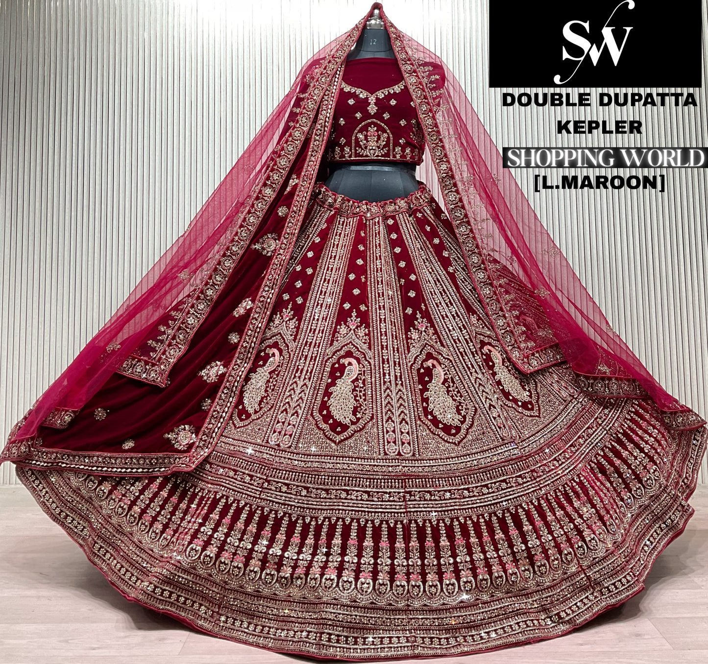 Light Maroon Double Dupatta peacock Bridal Lehenga