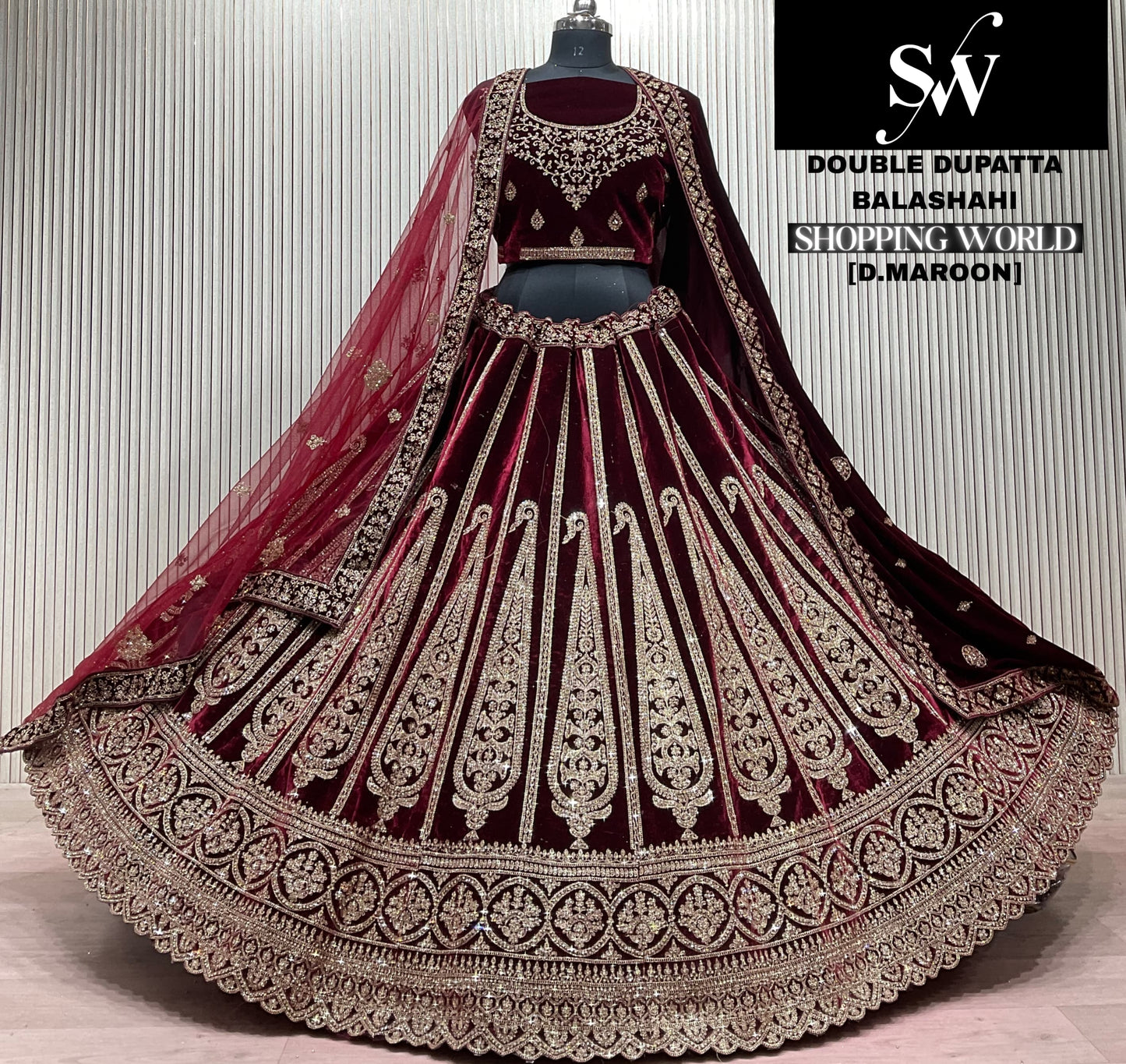 Wine Double Dupatta peacock Bridal Lehenga