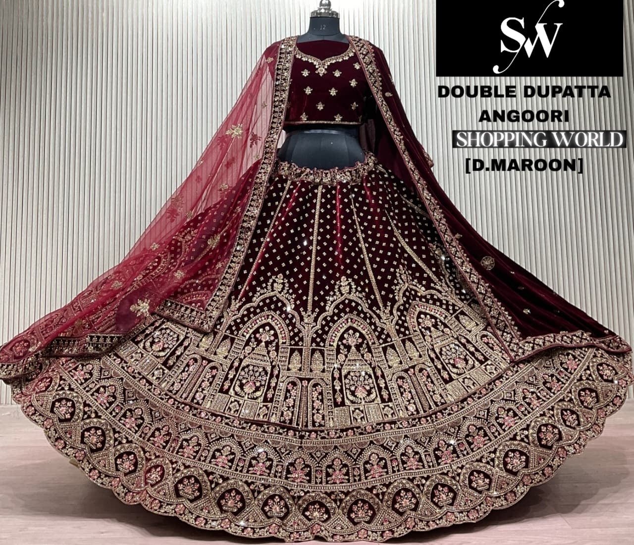 Dark Maroon Double Dupatta Bridal Lehenga