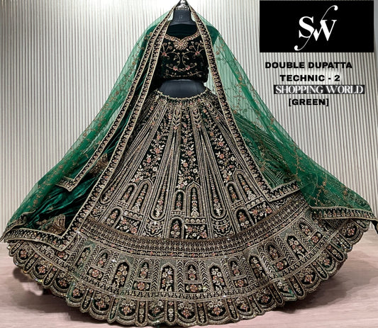 Green Double Dupatta Bridal Lehenga - Shopping World