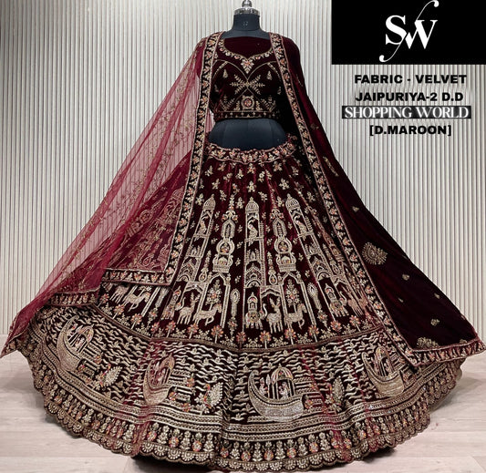 Light Maroon Velvet Bridal Lehenga