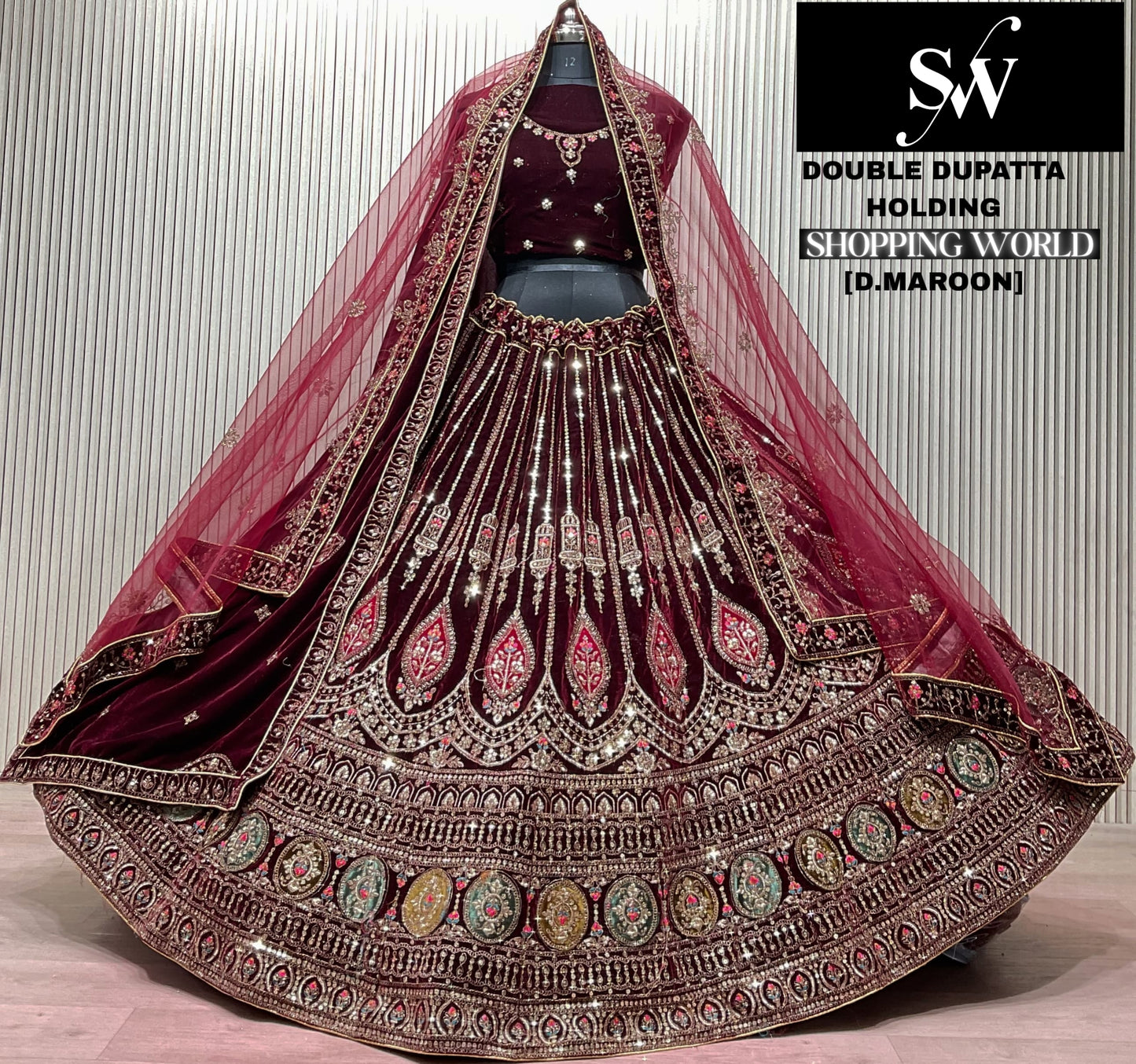 Dark Maroon Double Dupatta Bridal Lehenga