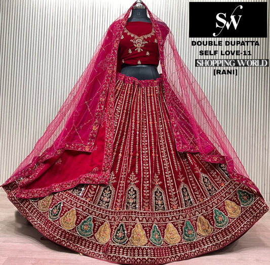 Light Maroon Double Dupatta Bridal Lehenga