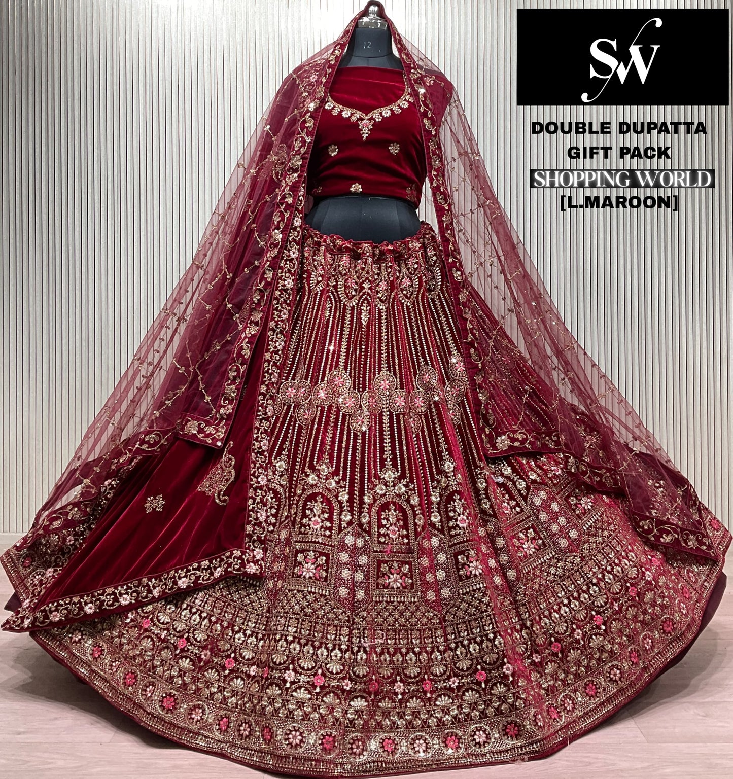 Light Maroon Double Dupatta Bridal Lehenga