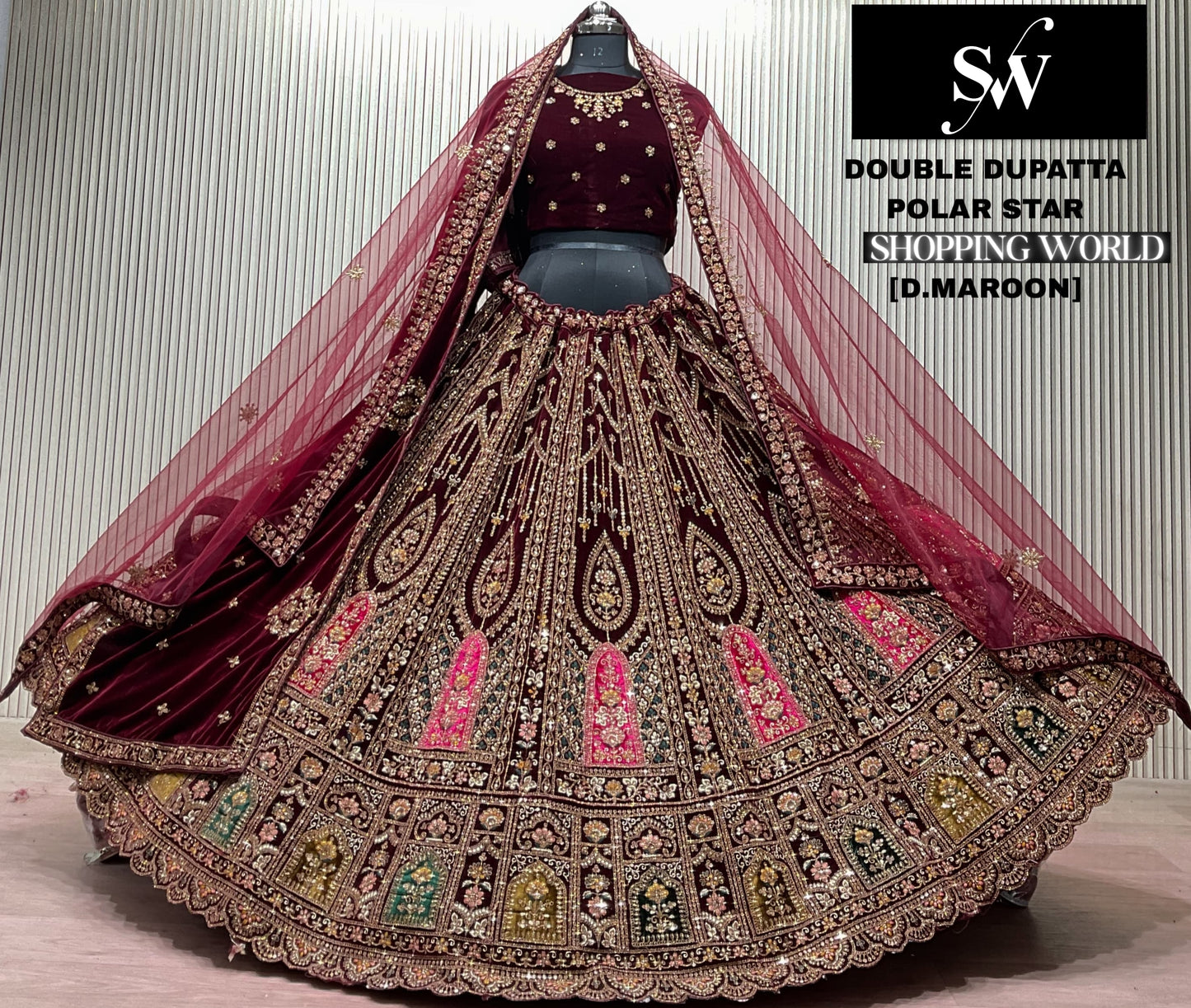 Dark Maroon Double Dupatta Bridal Lehenga