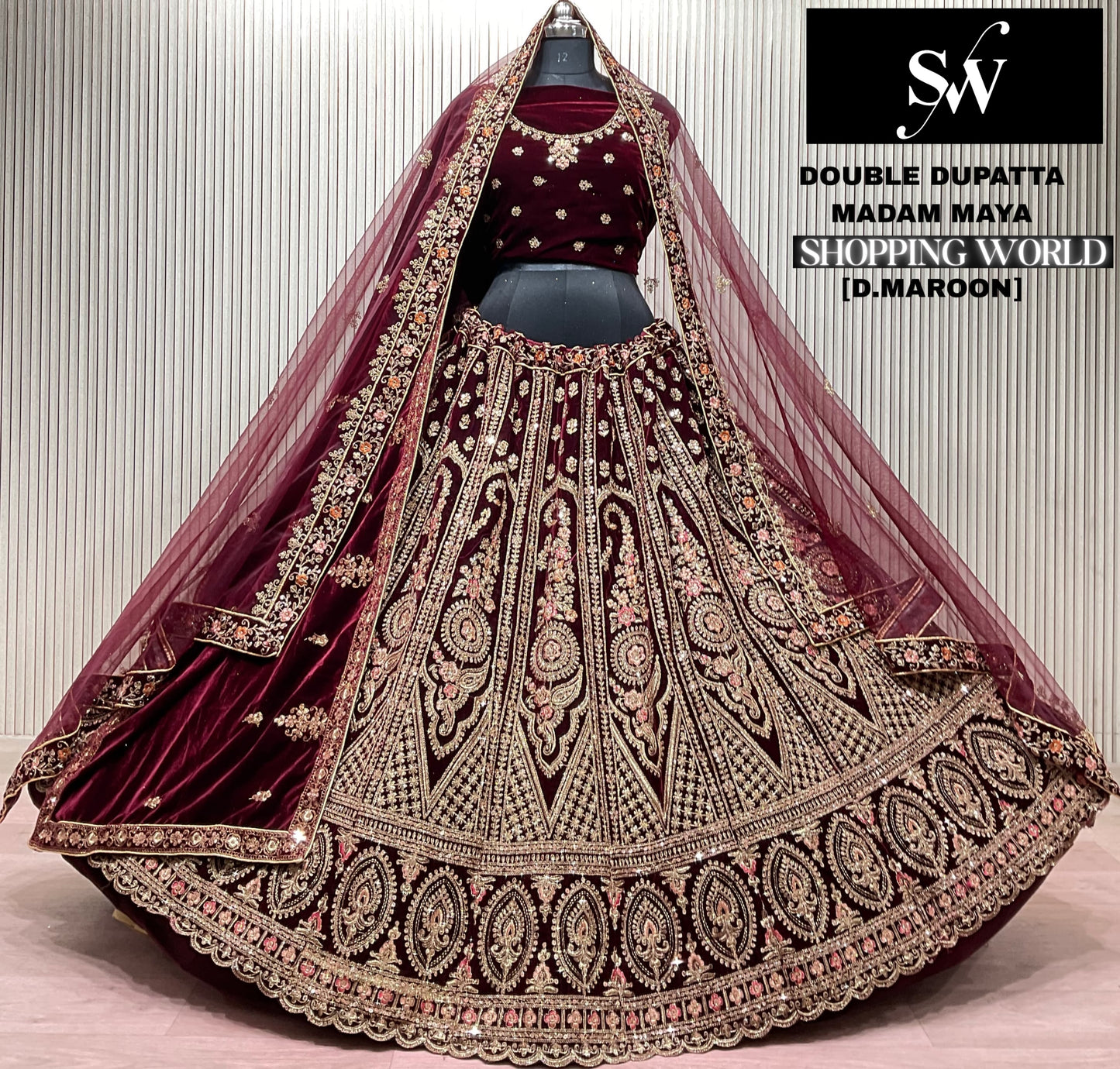 Dark Maroon Double Dupatta Bridal Lehenga