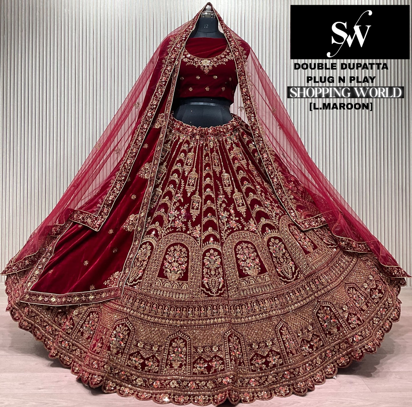 Light Maroon Double Dupatta Bridal Lehenga