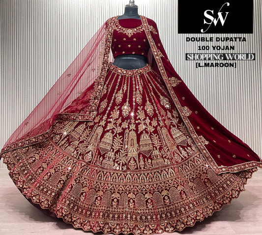 Dark Maroon Double Dupatta Bridal Lehenga