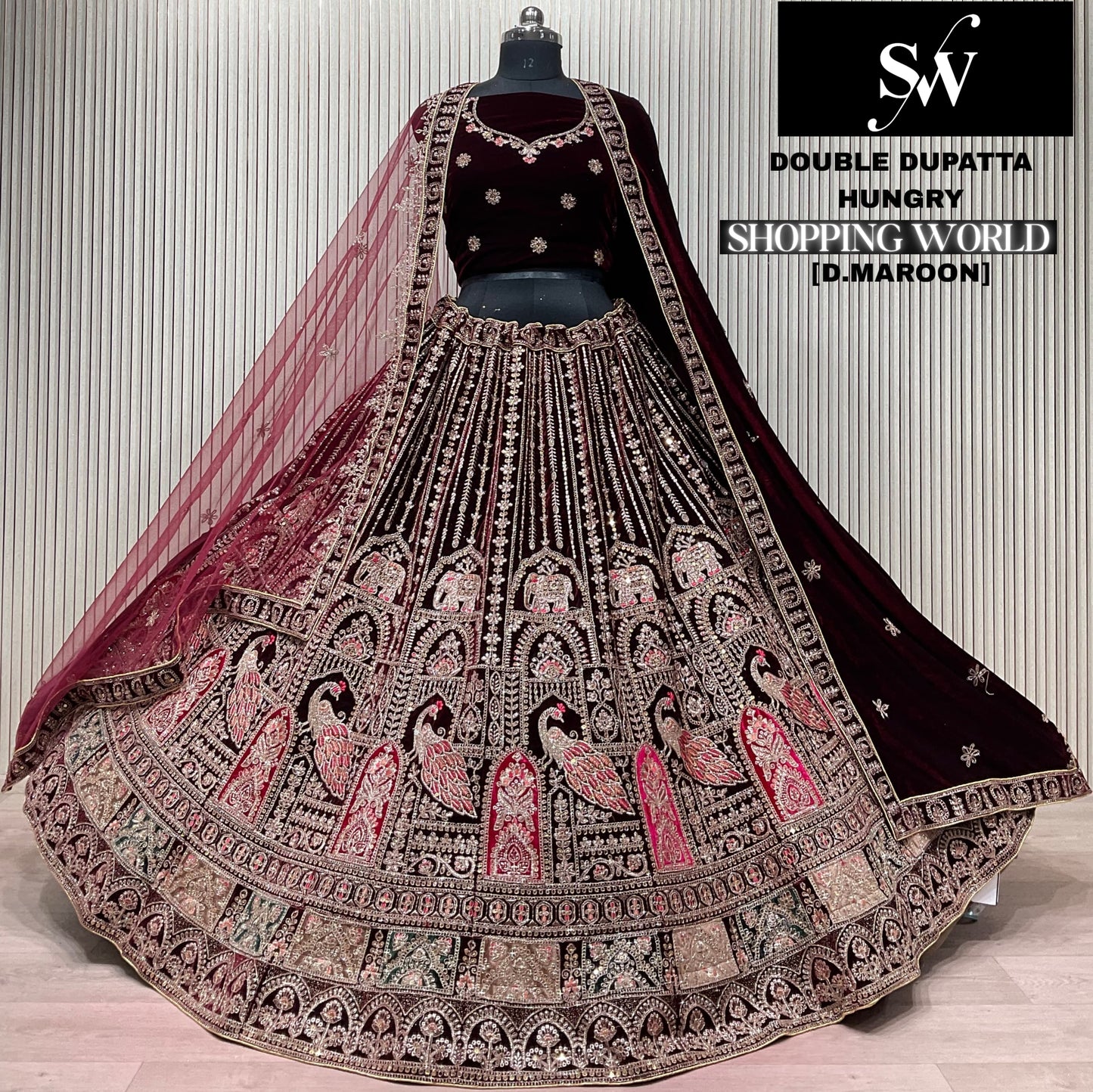 Light Maroon Peacock Double Dupatta Bridal Lehenga