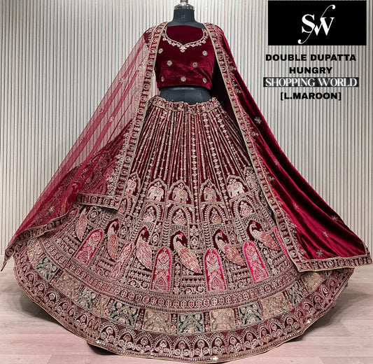 Dark Maroon Peacock Double Dupatta Bridal Lehenga