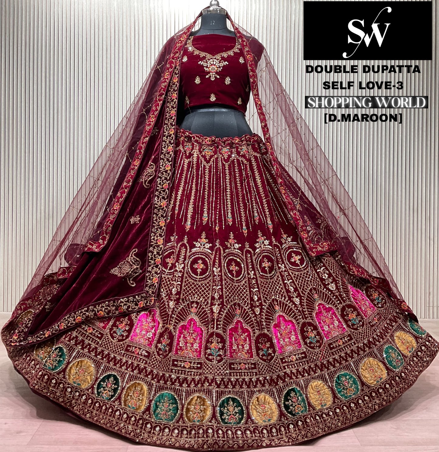 Light Maroon Double Dupatta Bridal Lehenga
