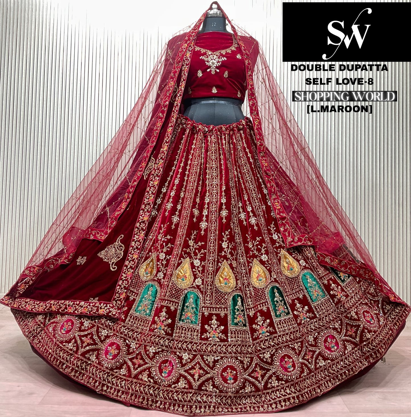 Dark Maroon Double Dupatta Bridal Lehenga