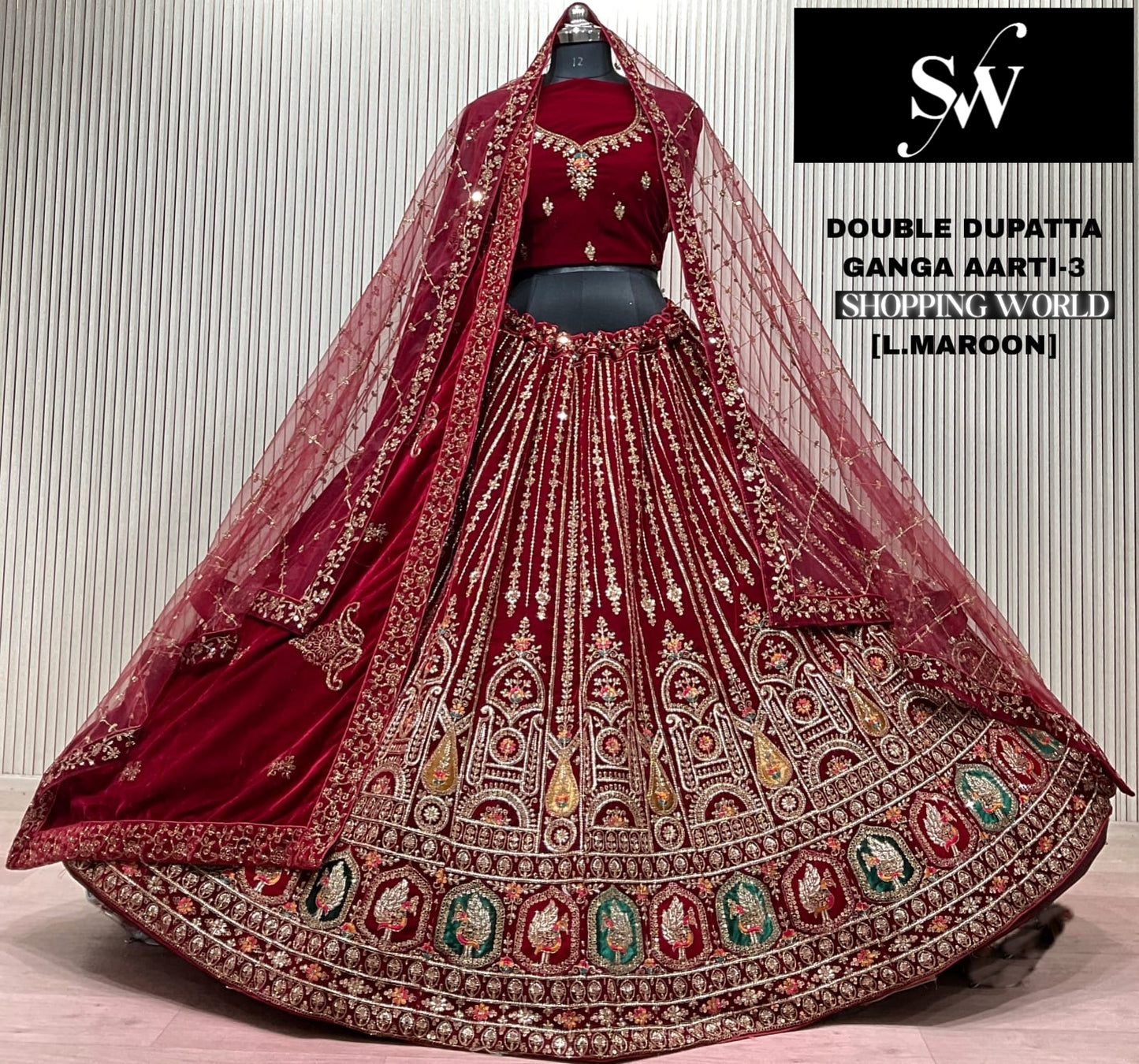 Light Maroon Double Dupatta Bridal Lehenga