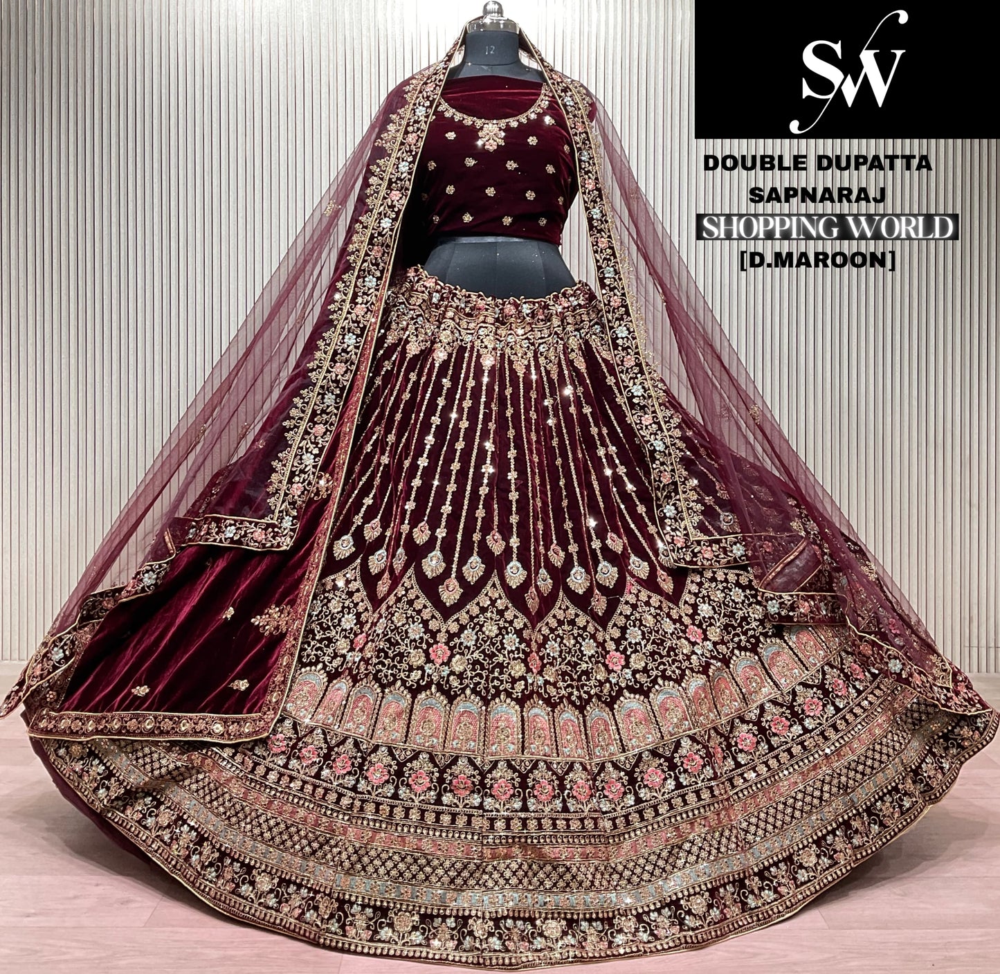 Dark Maroon Double Dupatta Bridal Lehenga