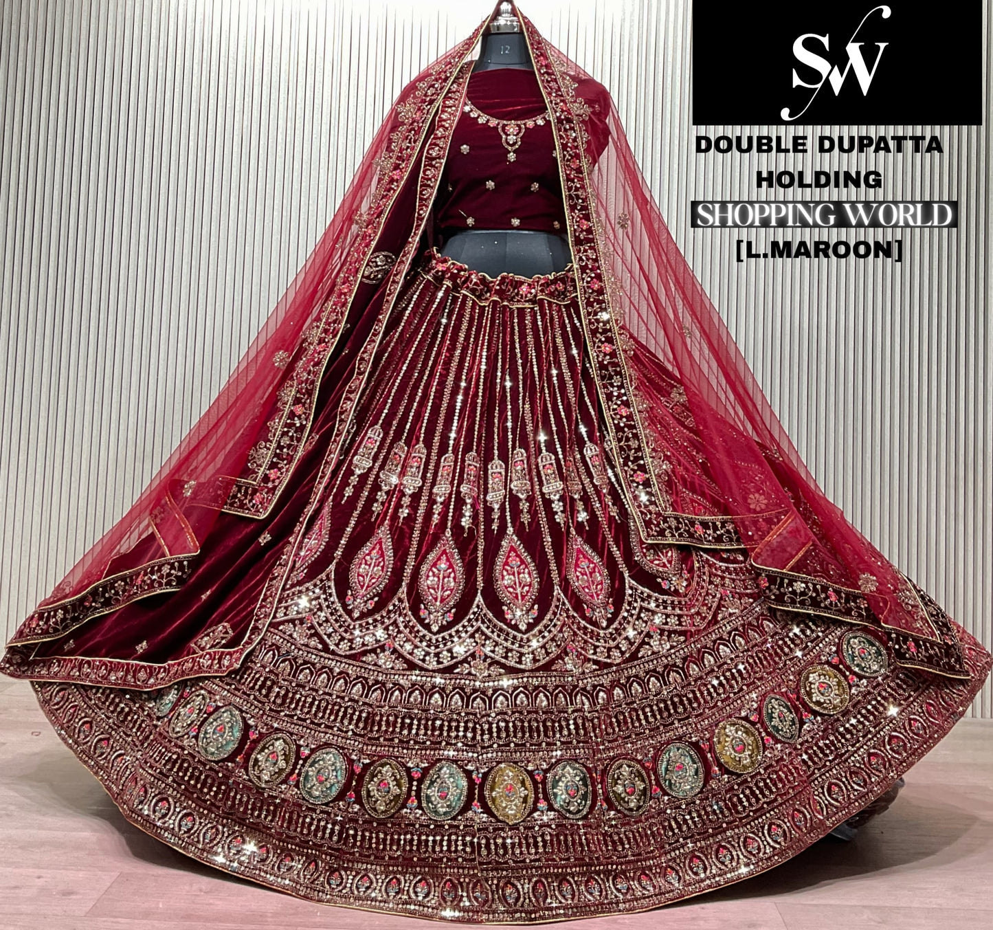 Light Maroon Double Dupatta Bridal Lehenga