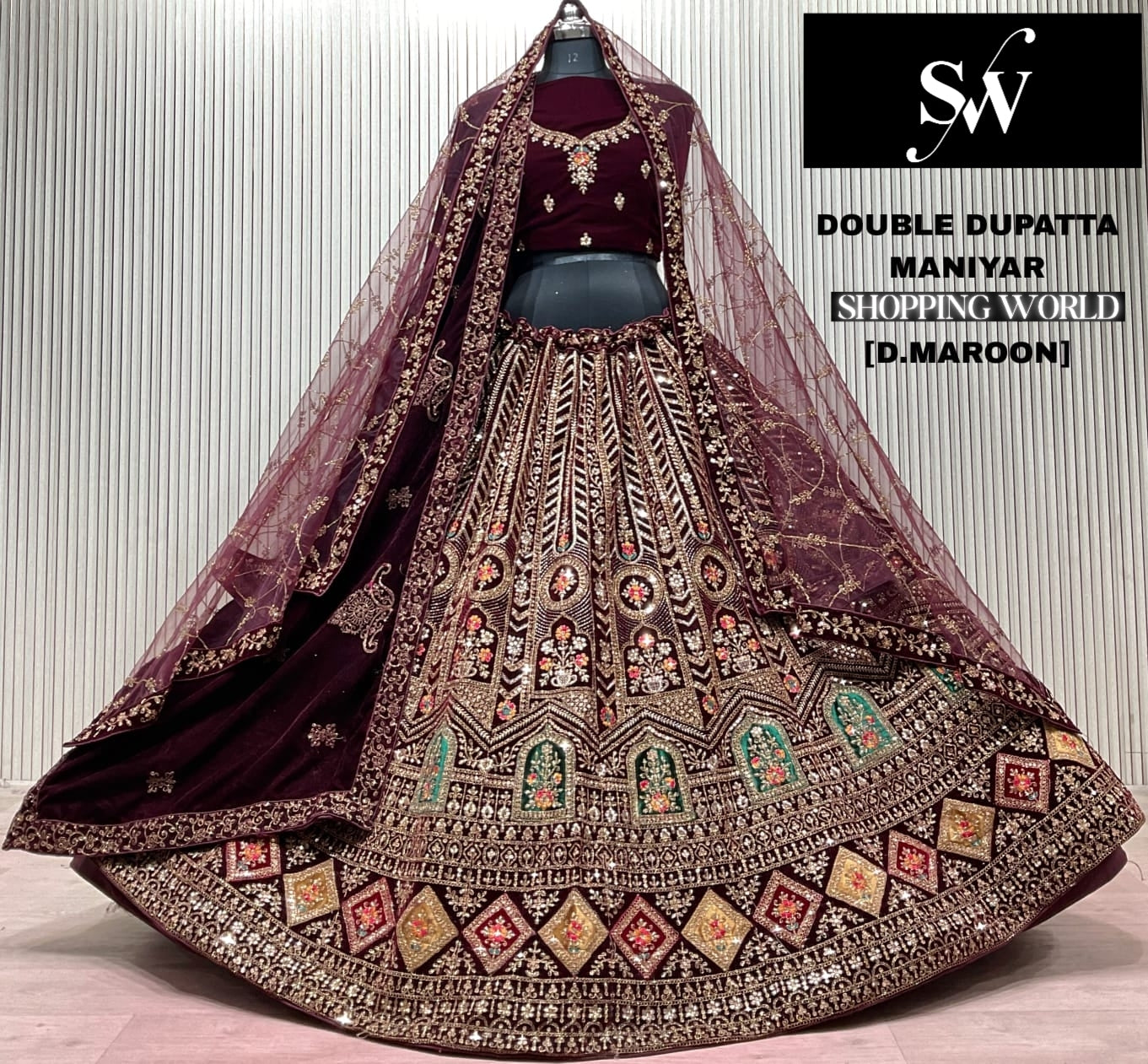 Dark Maroon Double Dupatta Bridal Lehenga