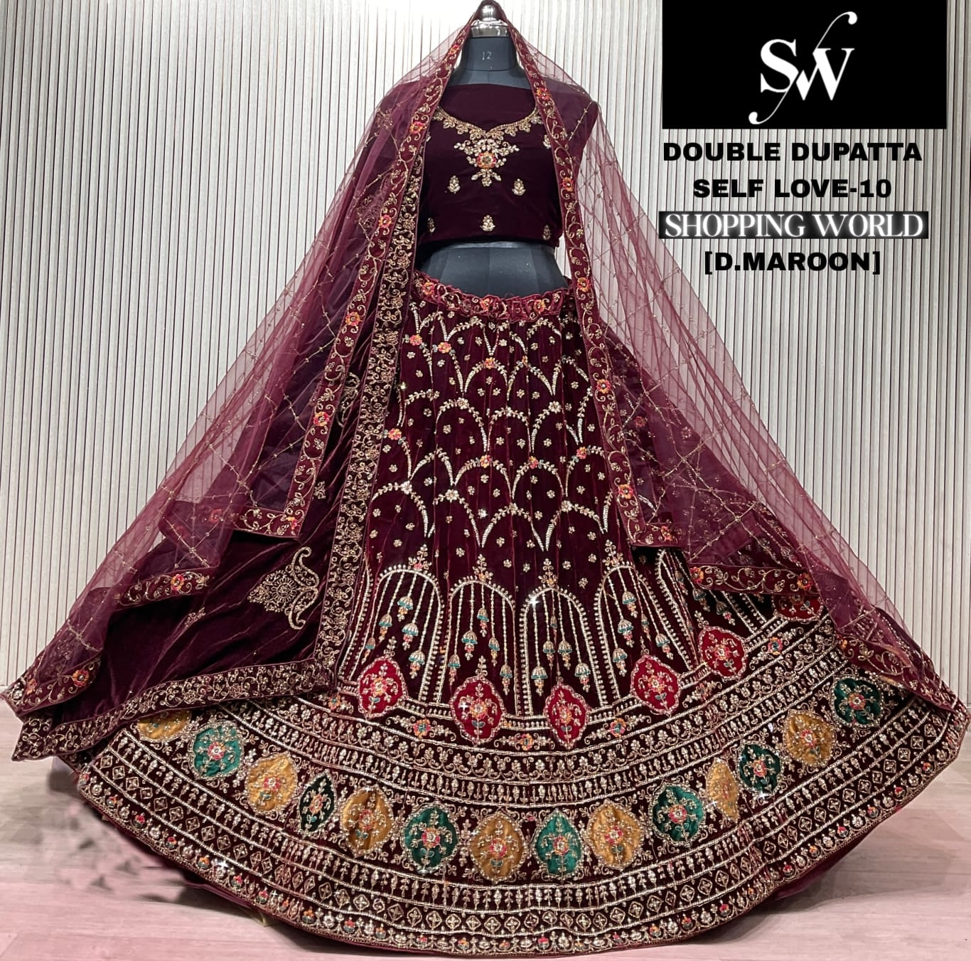 Light Maroon Double Dupatta Bridal Lehenga
