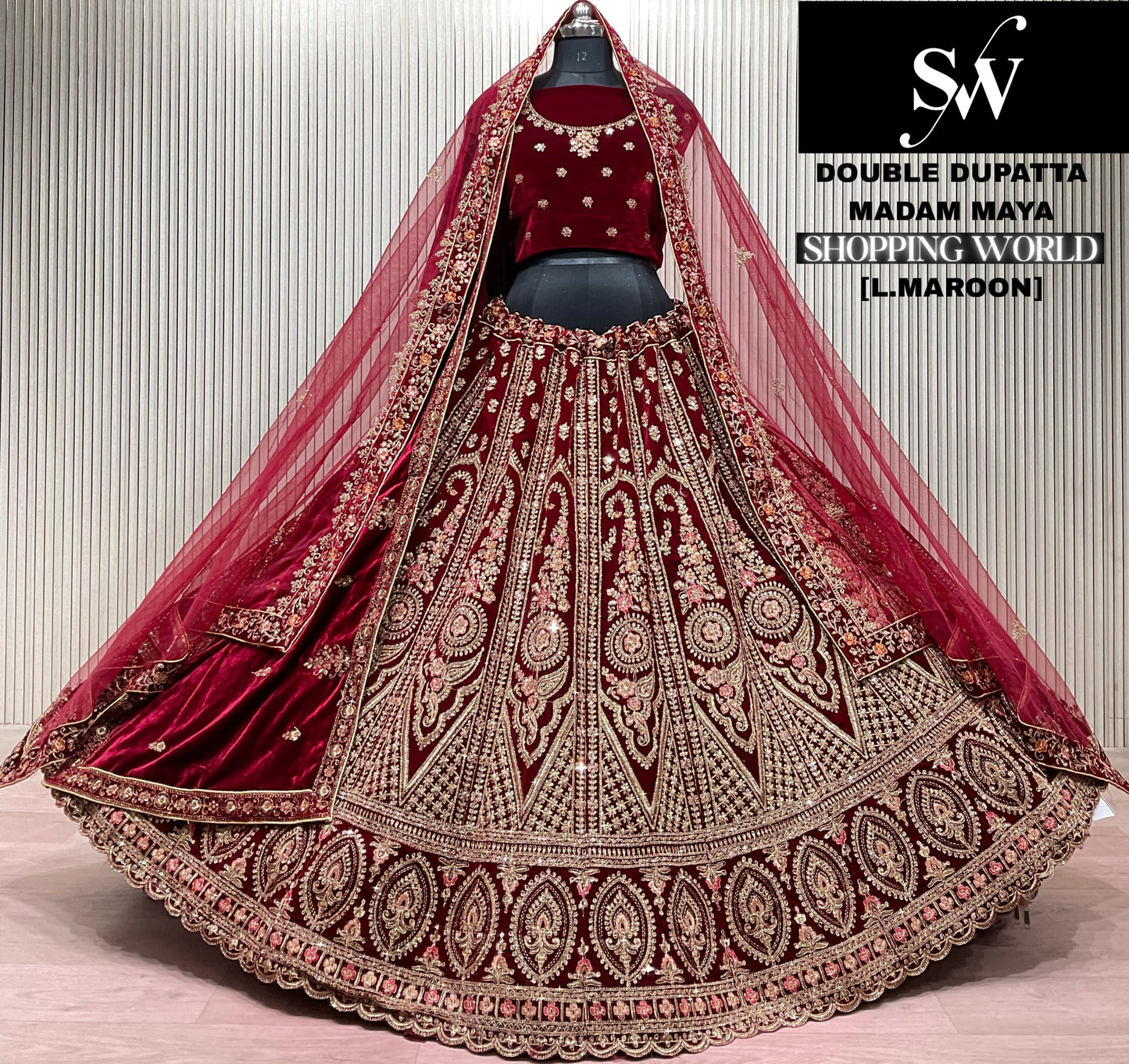 Light Maroon Double Dupatta Bridal Lehenga