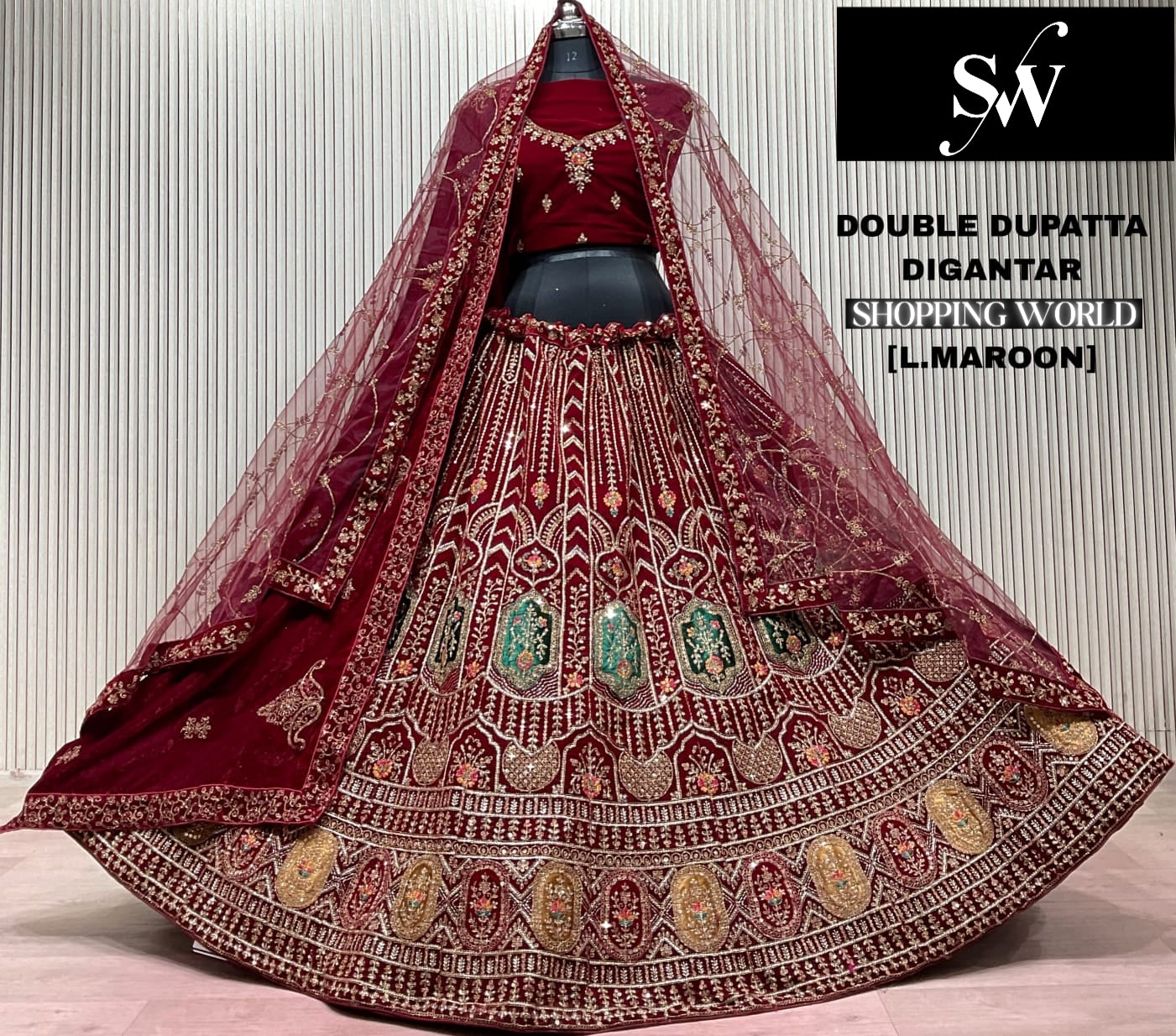 Light Maroon Double Dupatta Bridal Lehenga