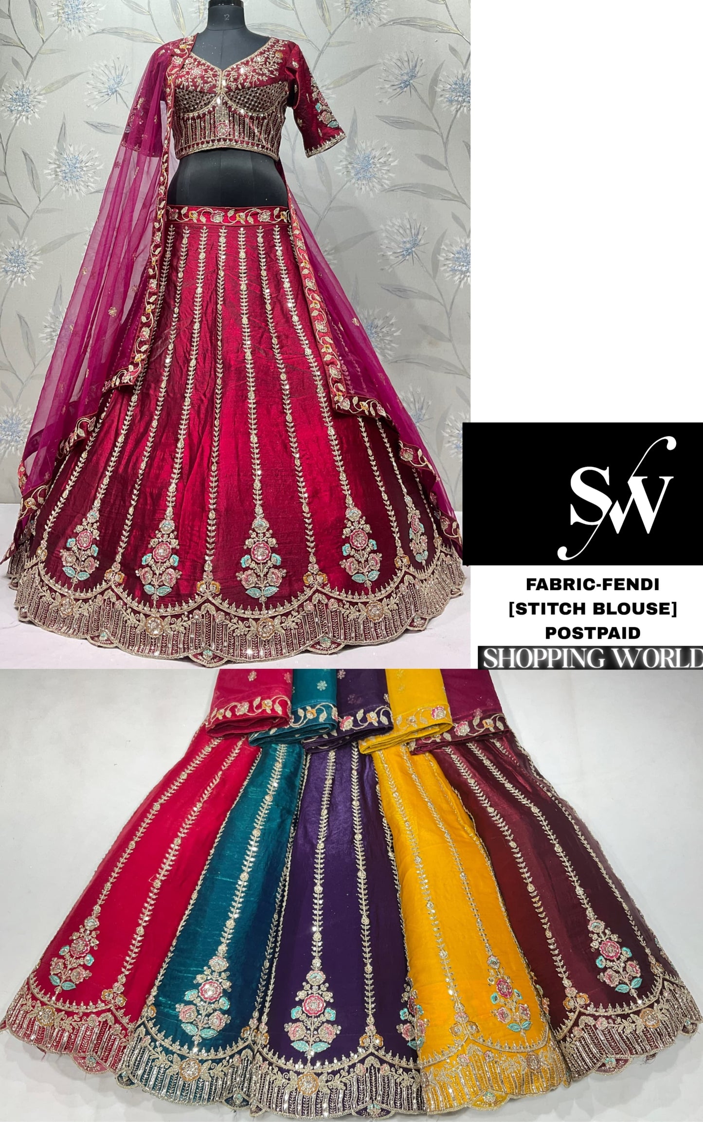 Maroon Hot pink Yellow Purple Fendi Lehenga