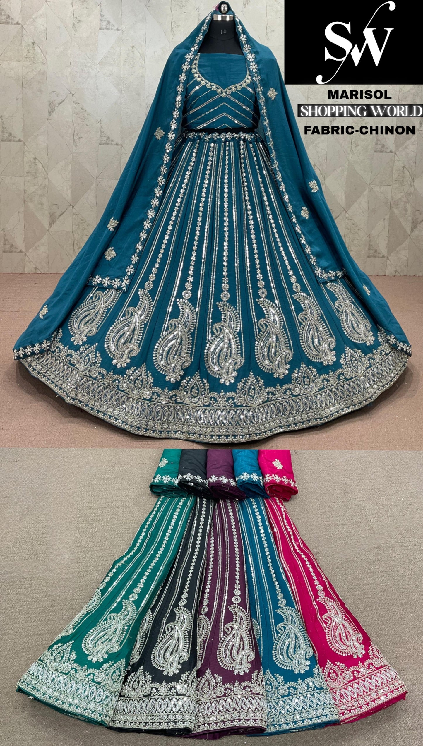 Blue Green Purple Hot pink Chinon Lehenga