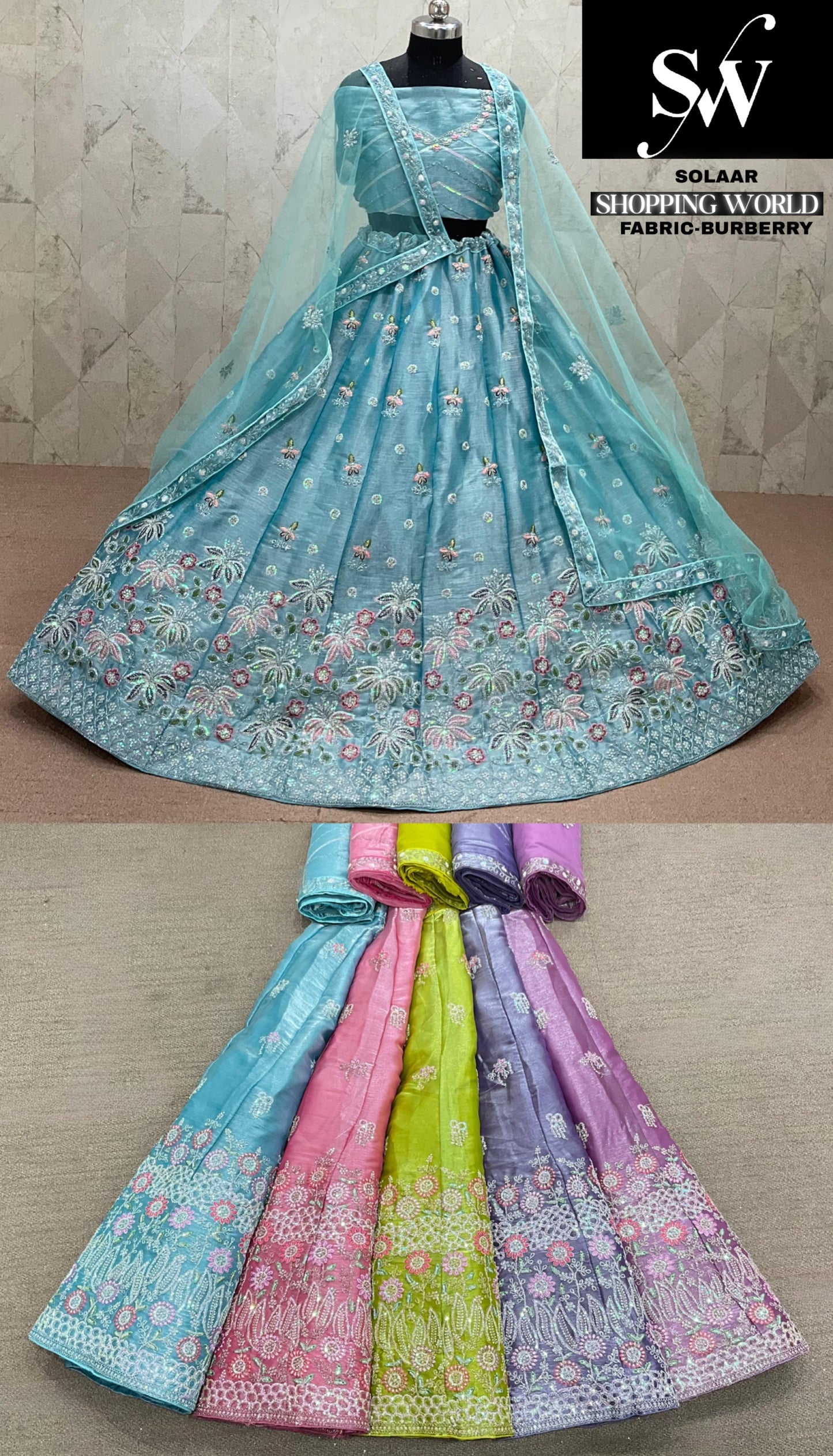 Sky Blue Pink Lavender Yellow Purple Burberry Lehenga