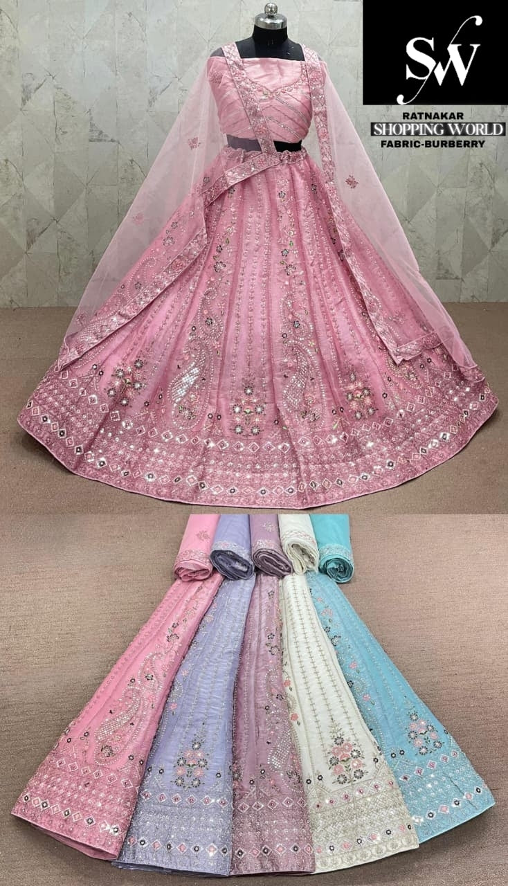 Pink Chiku golden Lavender Green Burberry Lehenga