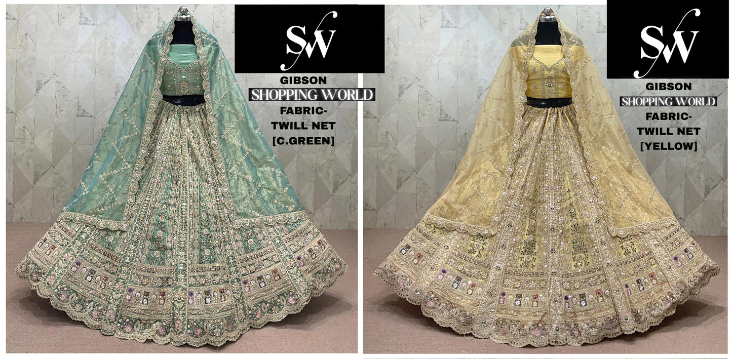 Green Golden Yellow Twill Net Lehenga