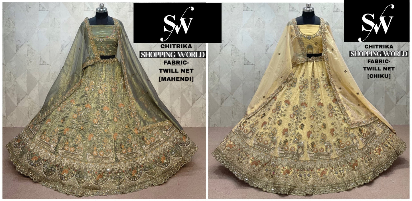 Mehendi Green Chiku golden Twill Net Lehenga
