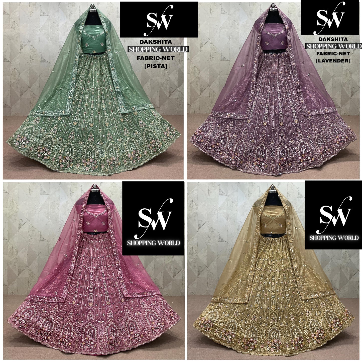 Pista green lavender Pink Chiku golden Net Lehenga