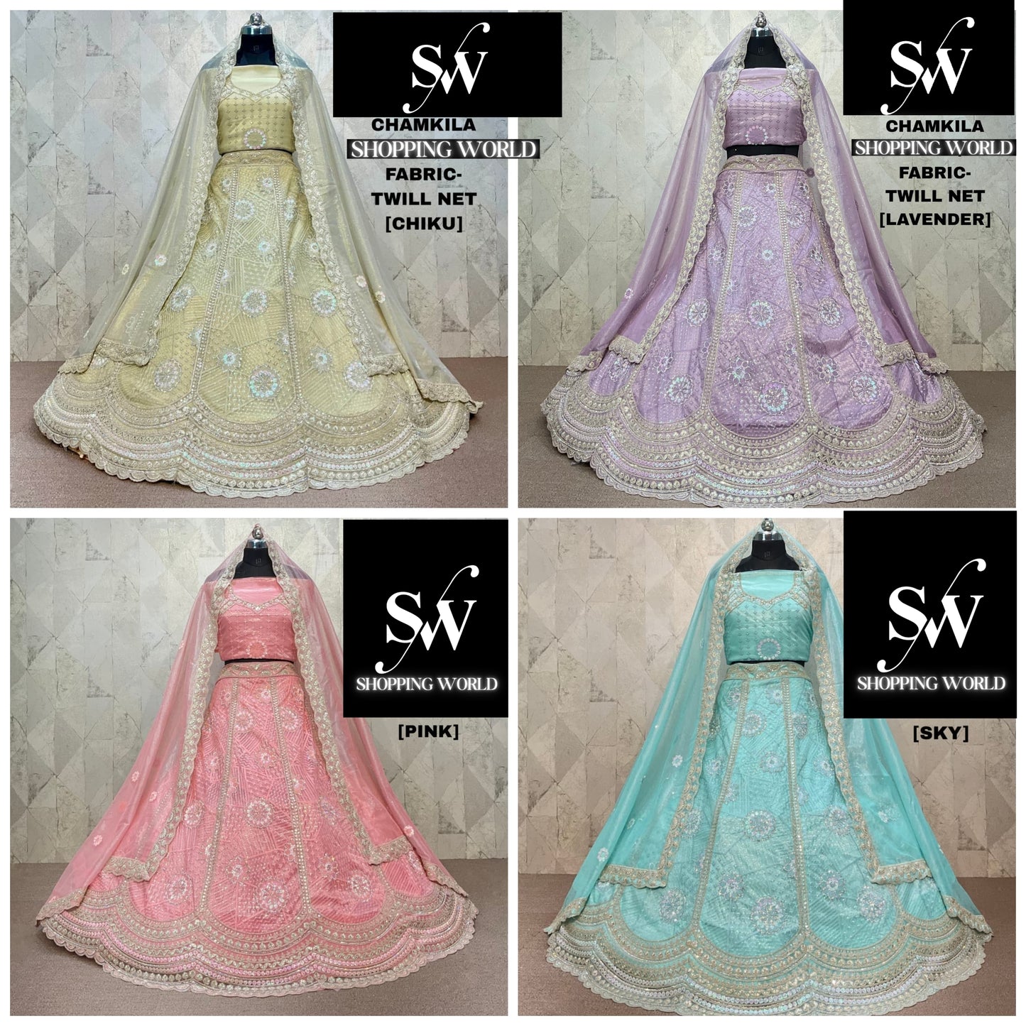 Chiku golden Lavender Pink Sky Blue Twill Net Lehenga