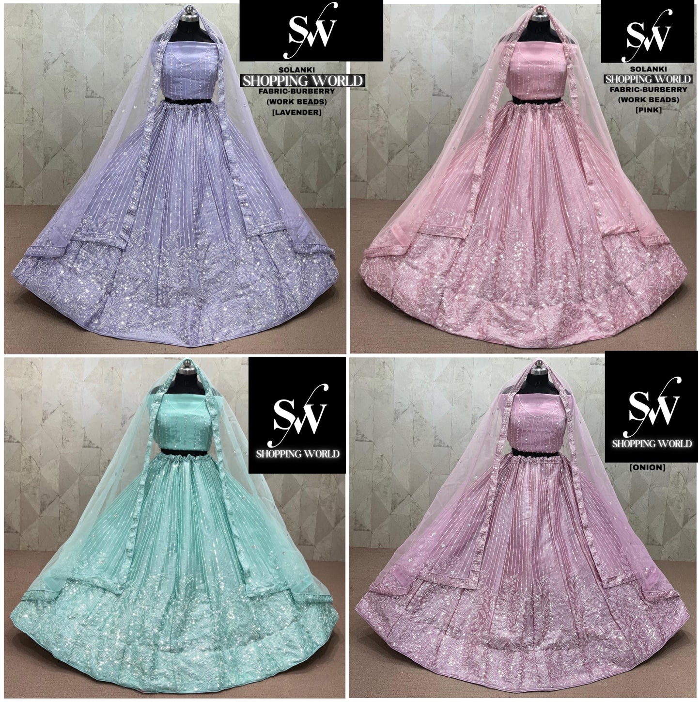green Lavender Pink Onion pink Net Lehenga
