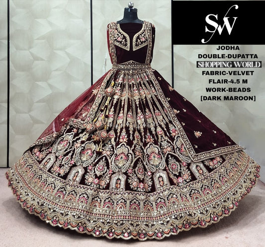 Dark Maroon Velvet Double Dupatta Bridal Lehenga