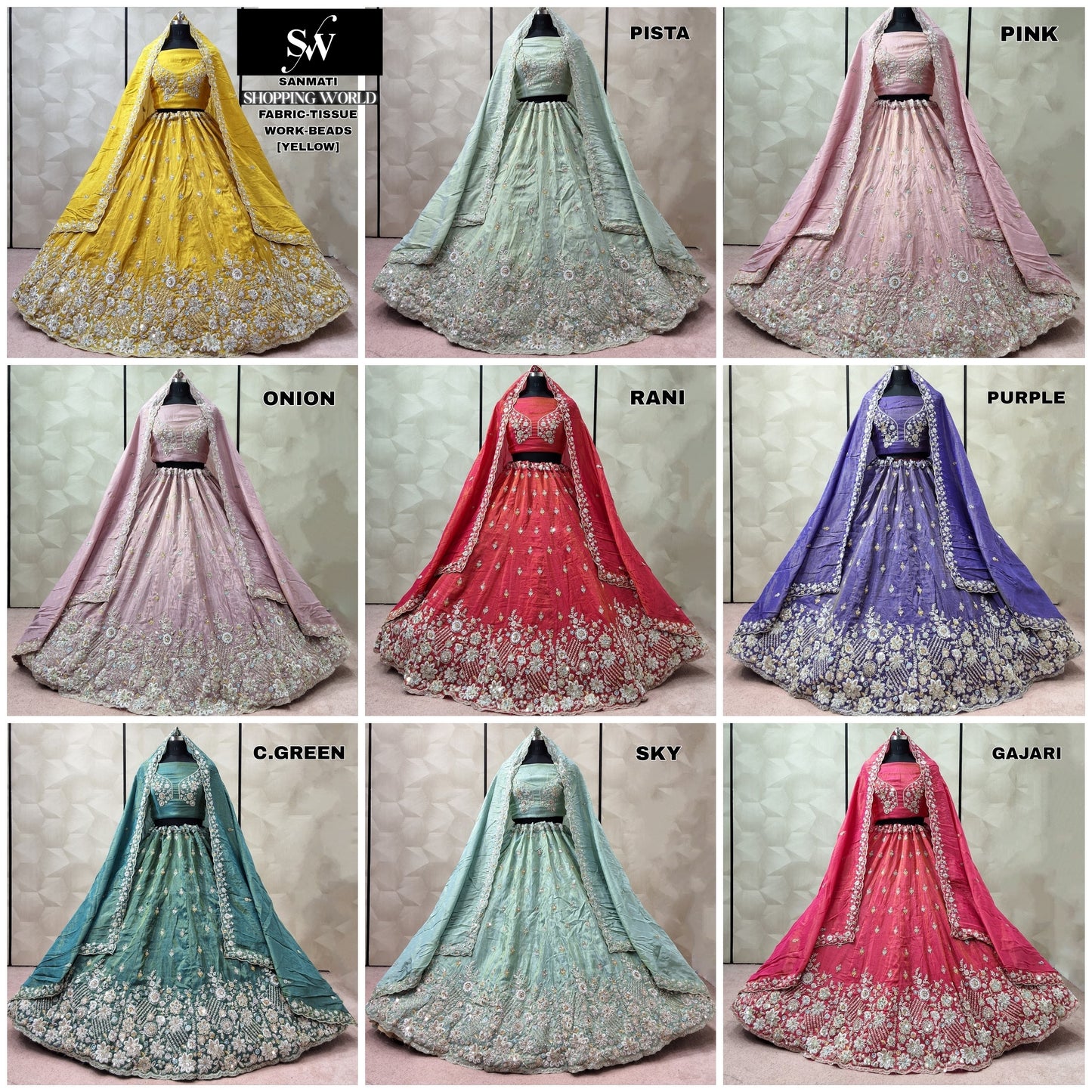 Yellow Pista Green Pink Rani pink Purple Sea green Sky Blue Gajri pink Tissue Lehenga