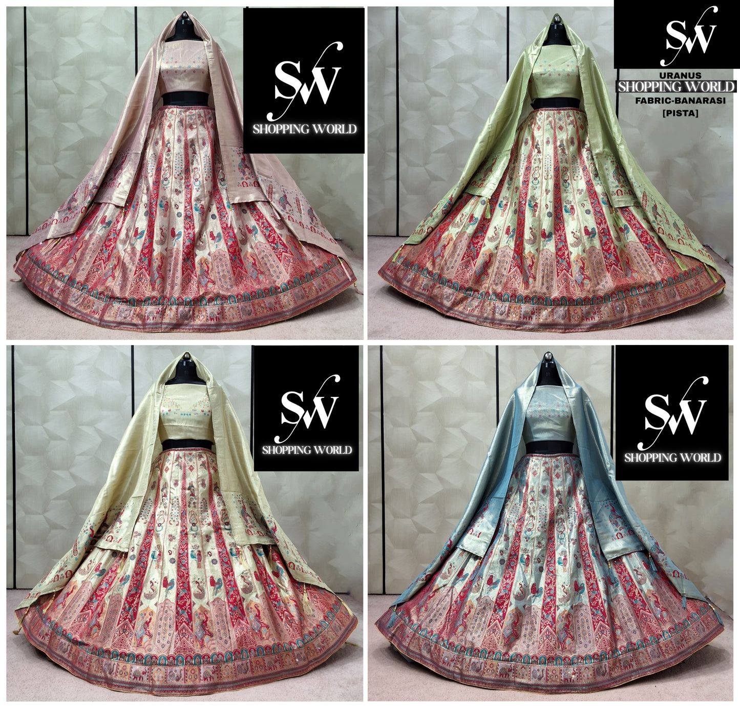 Sky Blue Pista green pink Banarasi Lehenga