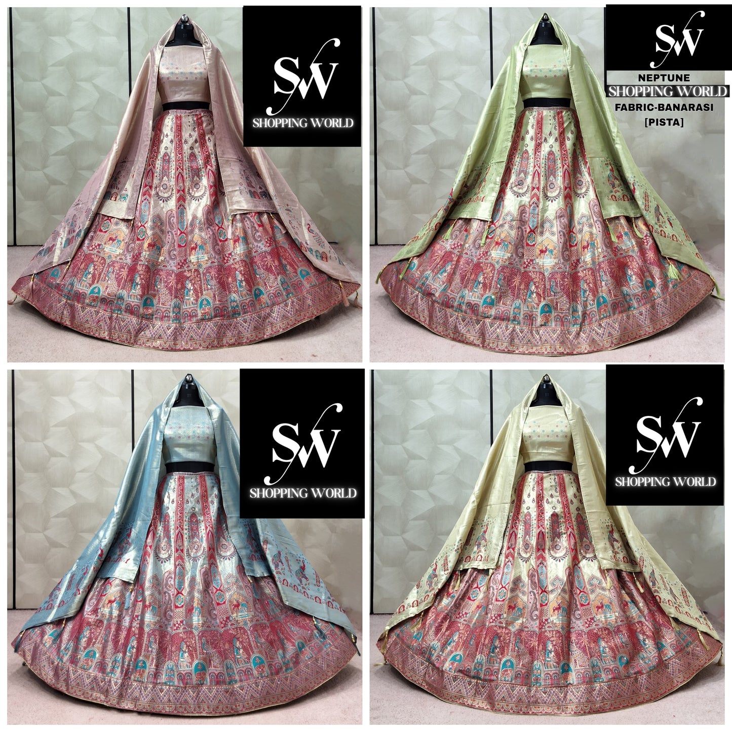 Sky Blue Pista green pink Lavender Banarasi Lehenga