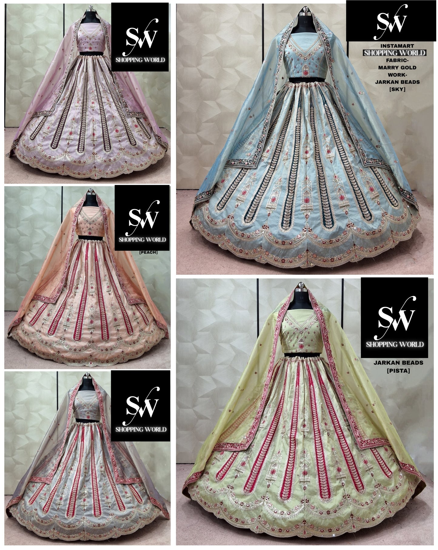 Sky Blue Pista green Rust orange pink Marry Gold Lehenga