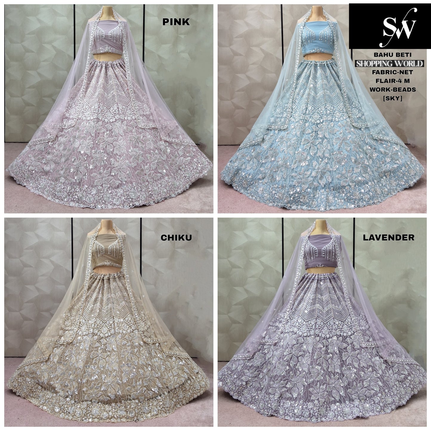 Pink Sky Blue Chiku golden Lavender Net Lehenga