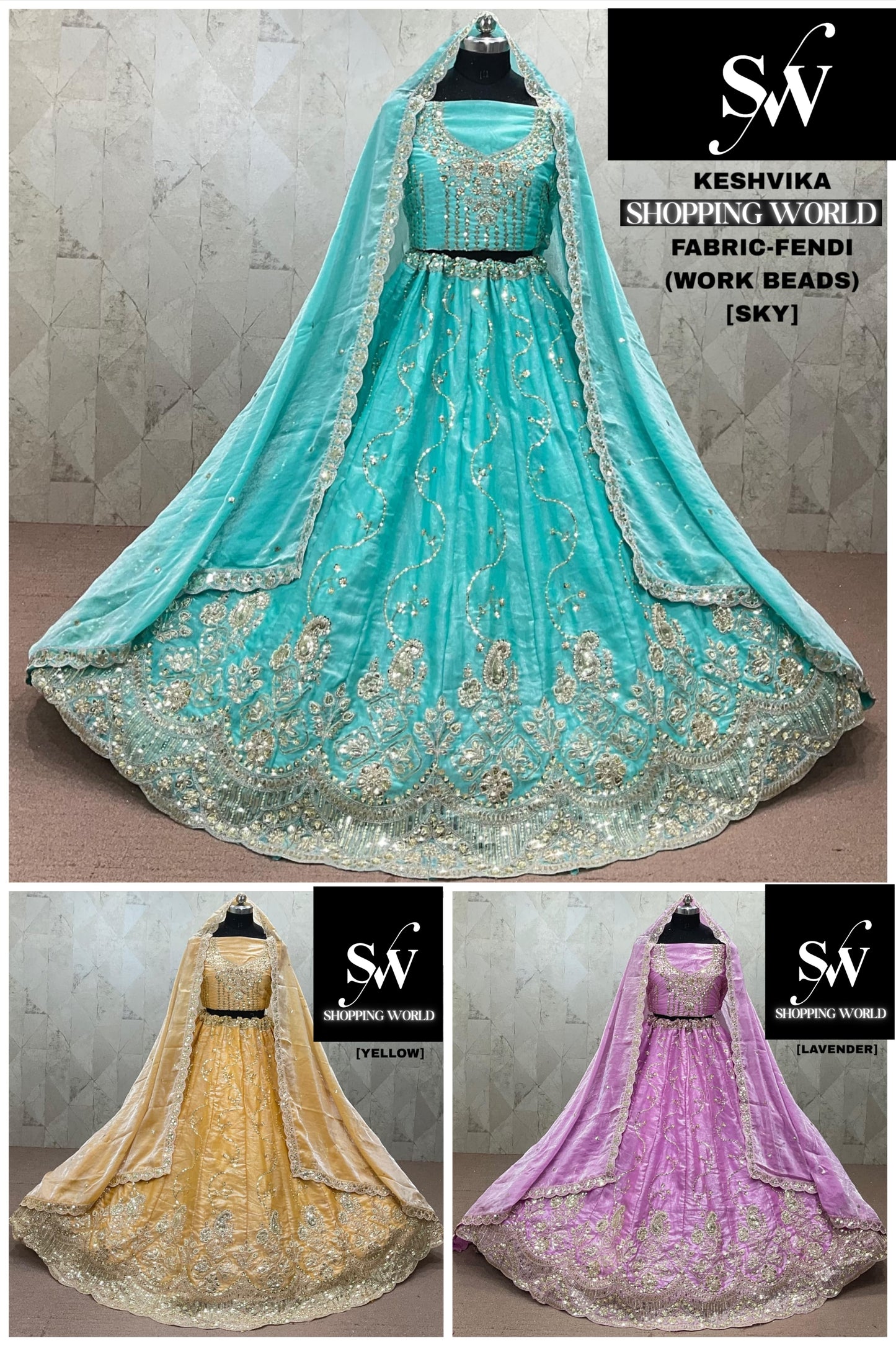 Sky Blue Yellow Haldi Mehendi Lavender Fendi Lehenga