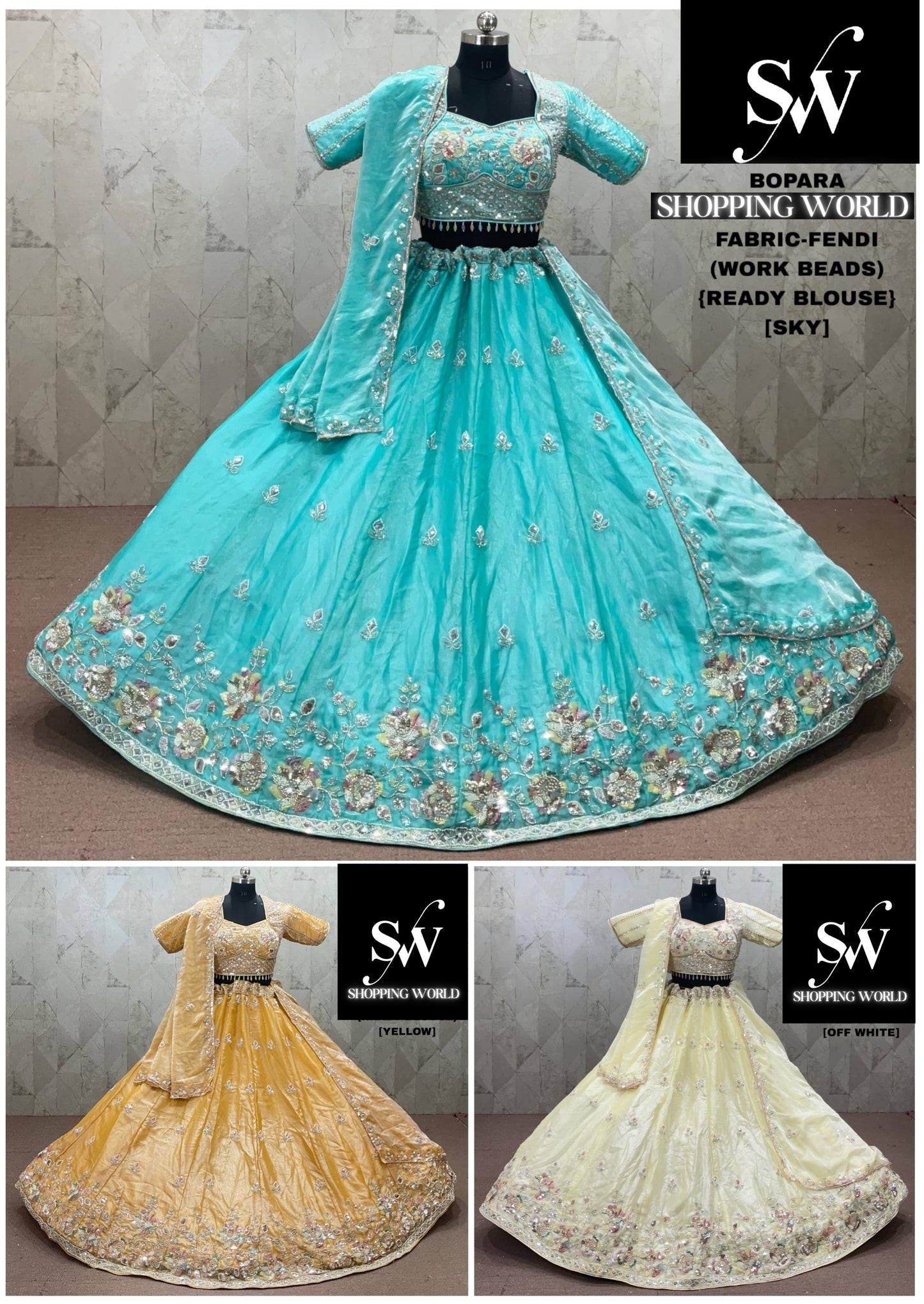 Sky Blue Off white Yellow Haldi Mehendi Fendi Lehenga