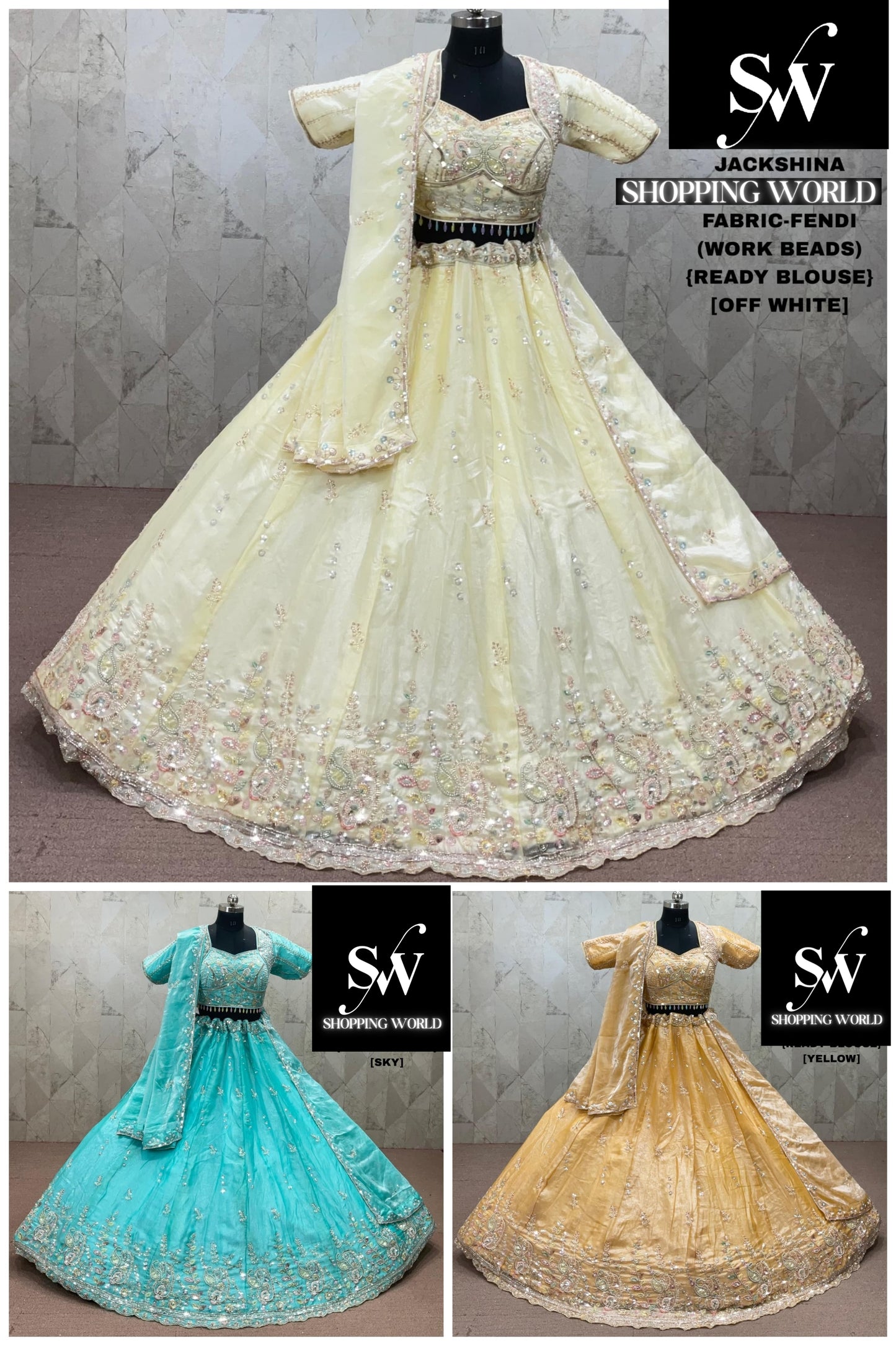 Sky Blue Off white Yellow Haldi Mehendi Fendi Lehenga