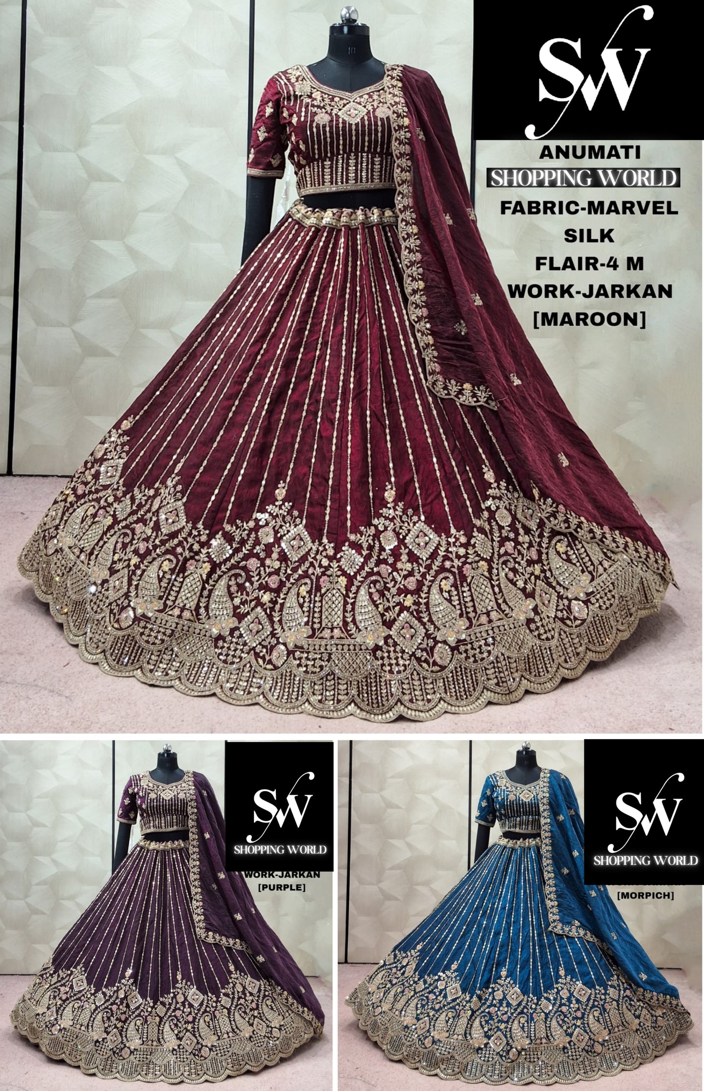 Morpich Blue Purple Maroon Marvel Silk Lehenga
