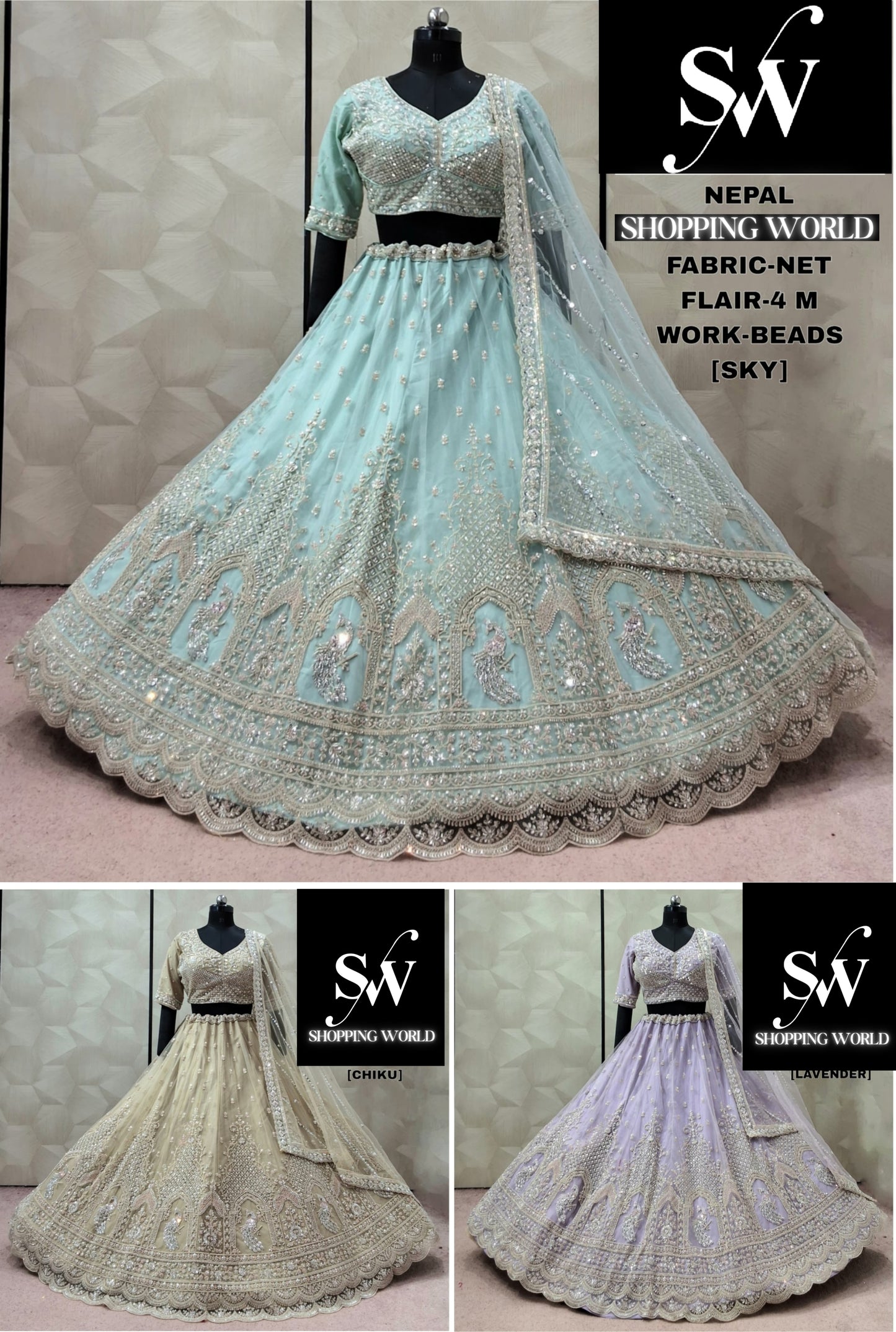 Sky Blue Chiku golden Lavender Net Lehenga