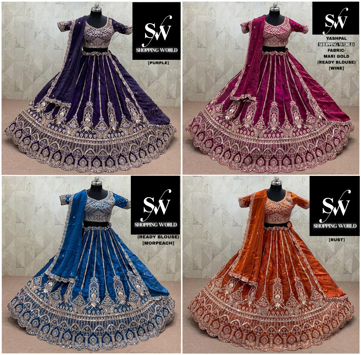 Purple Wine Morpeach Blue Rust Orange Mari Gold Lehenga