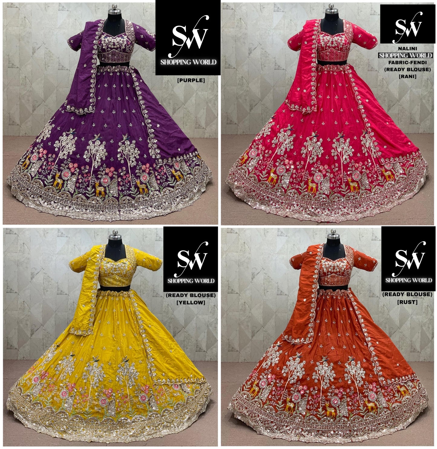 Purple Rani pink Yellow Haldi Mehendi Rust Orange Fendi Lehenga