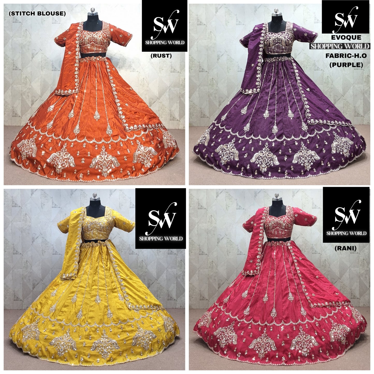 Rust orange Purple Yellow Rani pink Peacock Ho lehenga