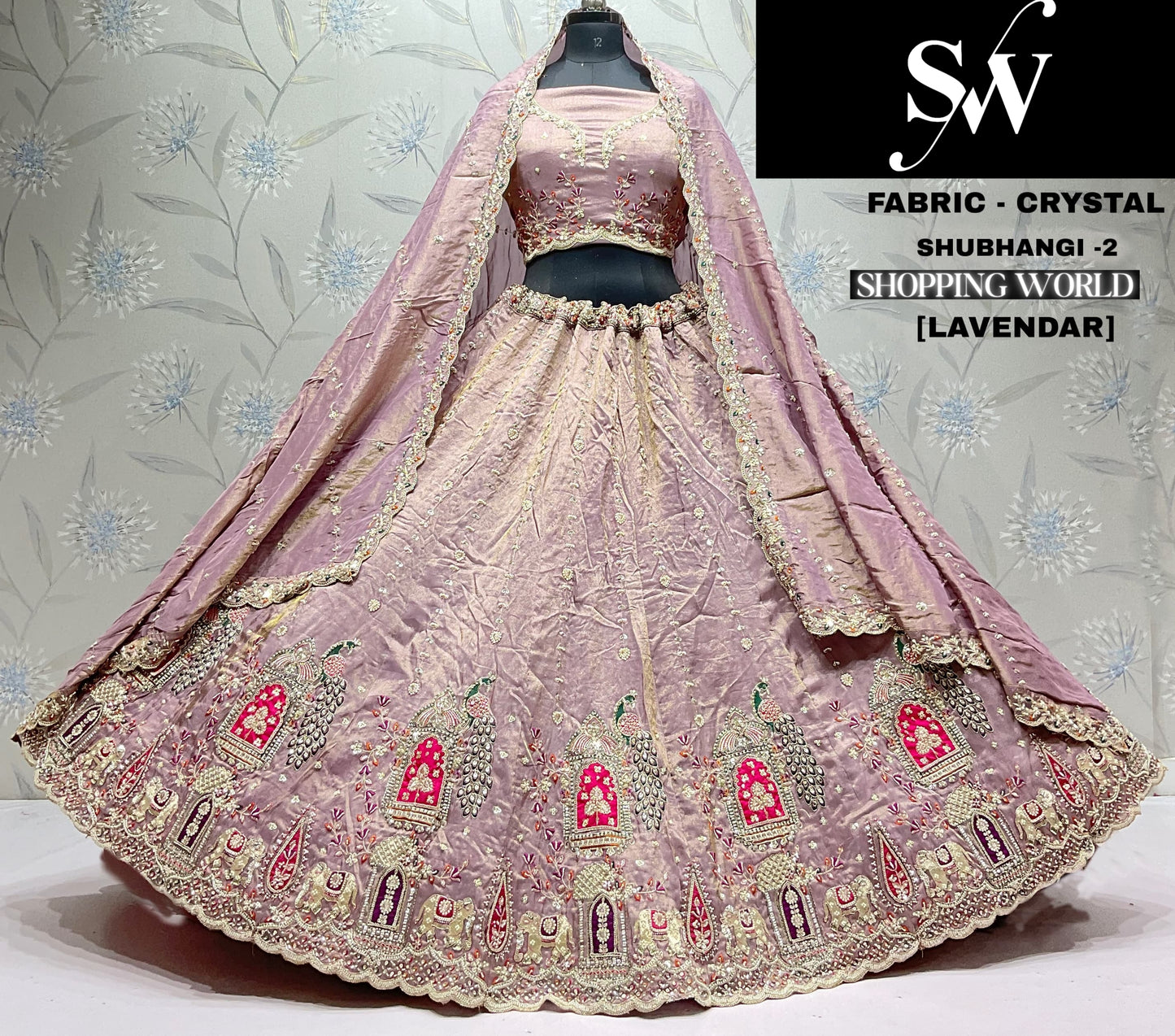 Cream White Peacock Crystal Lehenga