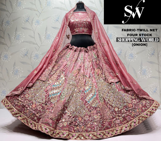 Lavender Peacock Twill Net Lehenga